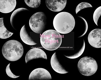Puede incluir: Un conjunto de 16 imágenes de clipart de fases lunares en blanco y negro. Las imágenes muestran diferentes fases de la luna, desde la luna llena hasta la luna creciente. Las imágenes son perfectas para usar en scrapbooking digital, creación de tarjetas y otros proyectos de manualidades.