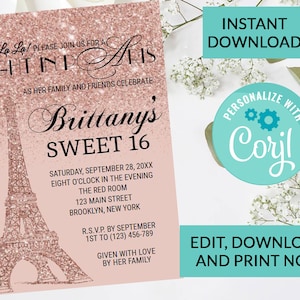 Paris Eiffel Tower Sweet 16 Invitation #97 | Digital INSTANT DOWNLOAD Editable Invite | Rose Gold Sparkle Glitter | Sweet 16 Party Invite