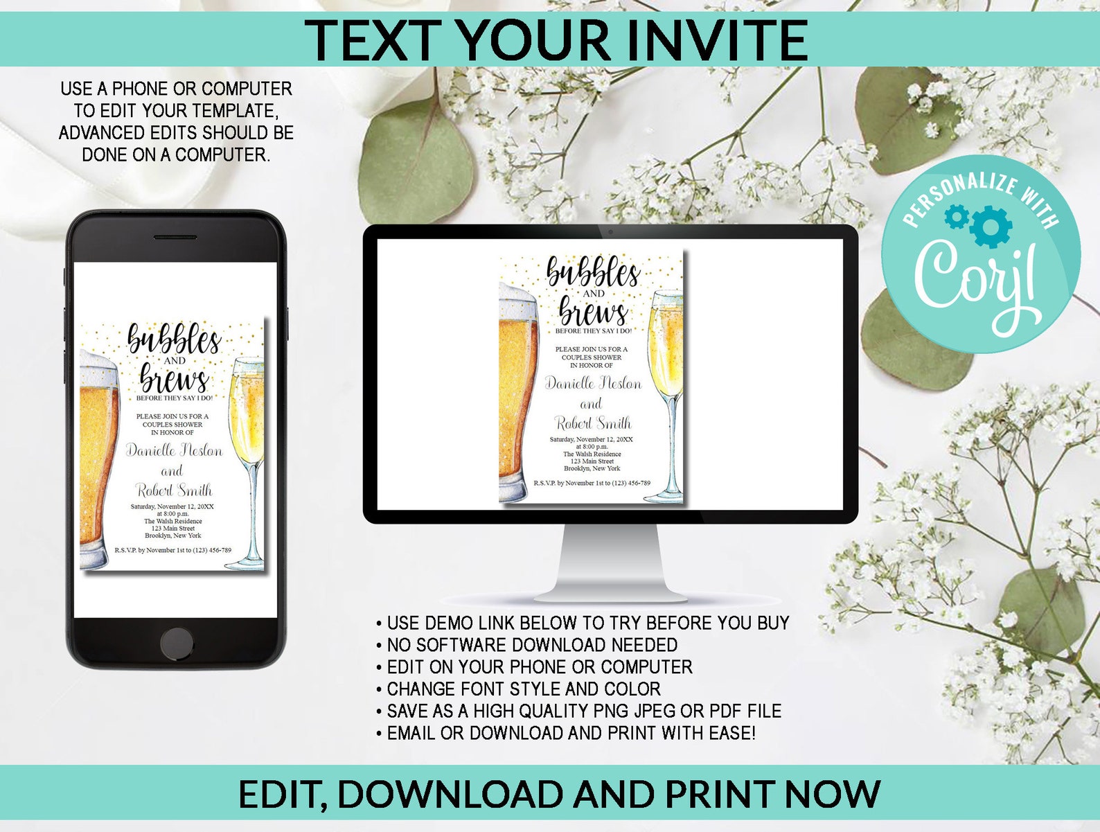 Bubble and Brews Engagement Party Invitation Digital INSTANT Etsy