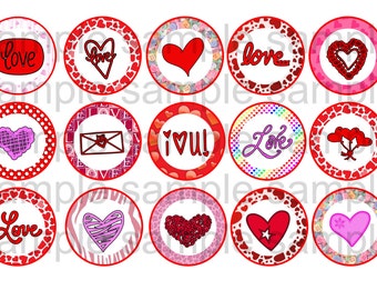 Valentine's Day Bottle Cap Image Sheet INSTANT DOWNLOAD , Love, Hearts, 1 Inch Bottle Caps Digital Collage No. 131