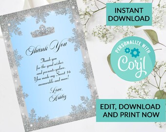 Glitter Sparkle Snowflake Sweet 16 | Digital INSTANT DOWNLOAD Editable Thank You Card | Rose Gold Sparkle Glitter | Sweet 16 Party