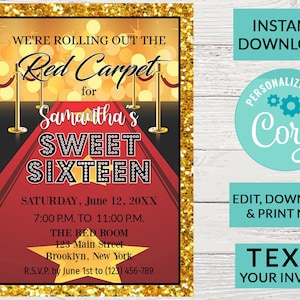 Red Carpet Themes Sweet 16 Invitation Sweet 16 Invitation | Digital DIY Editable Invite | Sweet Sixteen Birthday | Hollywood