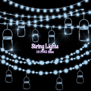 May include: String lights with 10 PNG files. The lights are white and are strung on a black background. The lights are in the shape of jars.