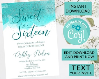 Aqua Teal Glitter Watercolor Sweet 16 Invitation  | Digital INSTANT DOWNLOAD Editable Invite | Sweet Sixteen Birthday | #111