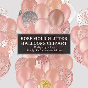 Rose Gold Balloons Clipart, Glitter Balloon PNG Digital Overlays, Glitter Sparkle Confetti, Instant Download commercial use