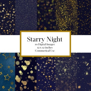 Starry Night Digital Paper Achtergronden, Celestial Digital Paper, Gold Stars Midnight Scrapbook Papier, Night Sky Paper, Star Patterns
