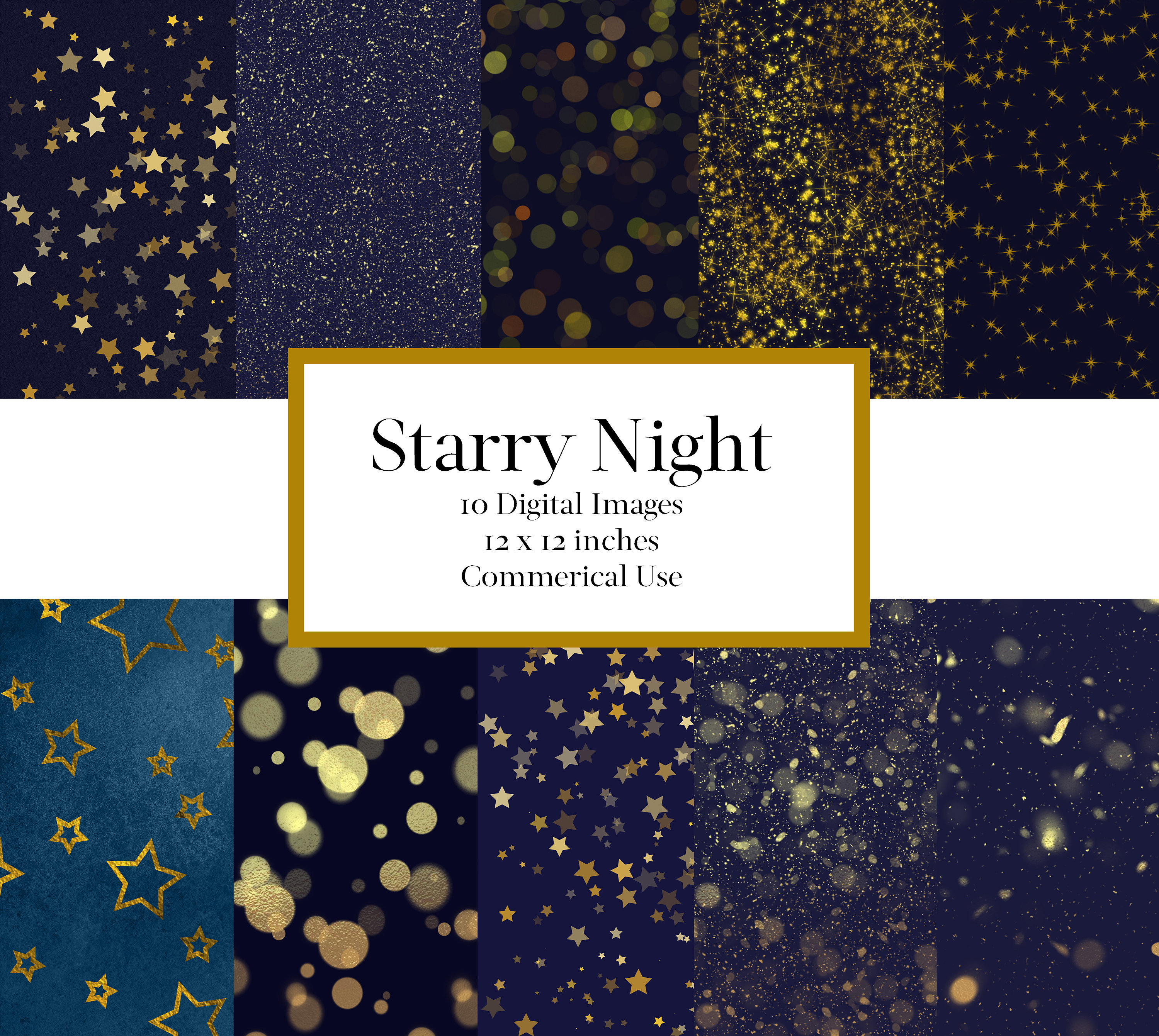 Starry Night Digital Paper Backgrounds, Celestial Digital Paper, Gold ...