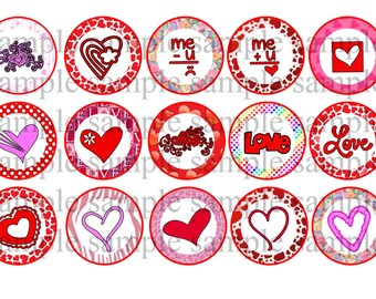 Valentine's Day Bottle Cap Image Sheet INSTANT DOWNLOAD , Love, Hearts, 1 Inch Bottle Caps Digital Collage No. 132