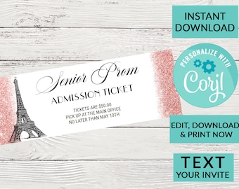 Admission Ticket Paris Eiffel Tower Prom Invitation | Digital INSTANT DOWNLOAD Editable Invite | Rose Gold Sparkle Glitter