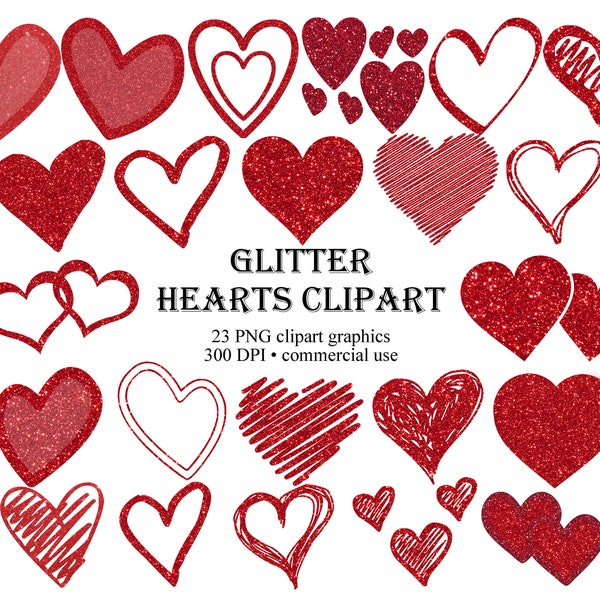 Red Glitter Hearts Clipart, Hearts clip art design elements, Glitter Sparkle Shine, Heart Silhouette Shapes Overlays for Commerical Use
