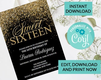May include: Black and gold Sweet Sixteen invitation with gold glitter accents. The invitation includes the text "Sweet Sixteen" in gold script, event details, and the option to personalize with Corjl. The invitation is available for instant download.