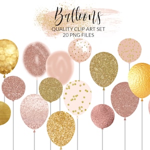 Rose Gold Balloons Clipart, Glitter Balloons Clip Art, Foil Balloon PNG, Pastel Balloons, Party Baby Shower Clipart, Free Commercial