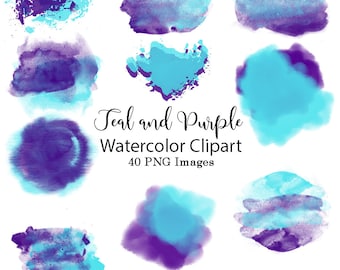 Waterkleur Clipart #17, Teal en Purple Aquarel Brush Clip Art, Splashes, Blobs, Splats, 40 PNG digitale elementen