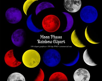 Moon Phases Clipart, Rainbow Colors Moon Clip Art Graphics Illustration in PNG format, Outer Space, Galaxy, Instant Download Commercial Use