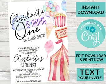 Carnival Ticket Birthday Invitation, Circus Party, Circus invitation | Editable Instant Download | INSTANT ACCESS Edit Online NOW Corjl