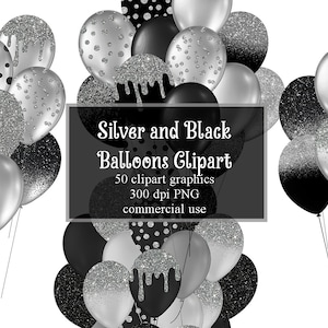 Zwarte en zilveren ballonnen Clipart, Glitter Ballon PNG Digitale Overlays, Glitter Sparkle Confetti, Instant Download commercieel gebruik