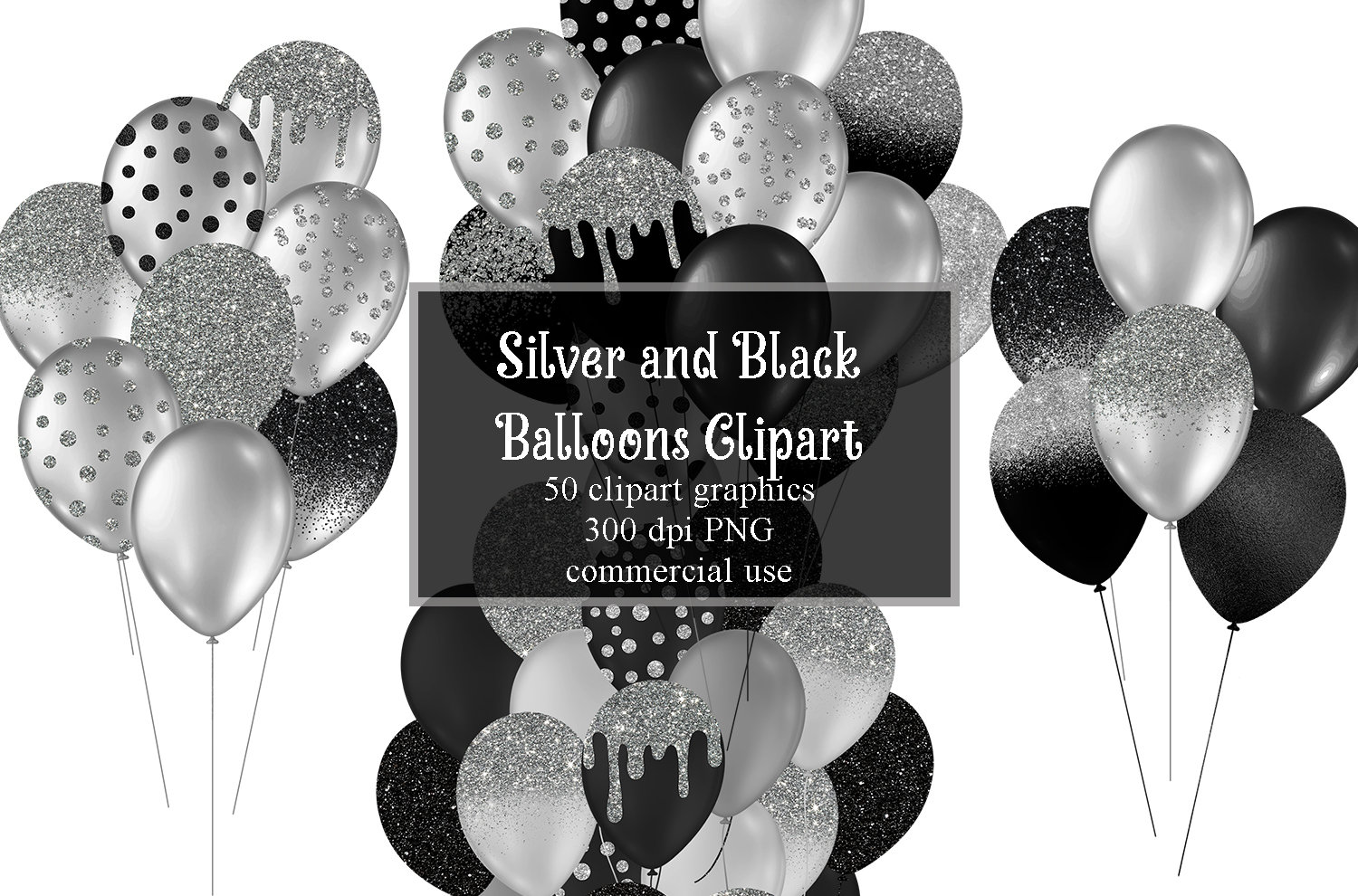 Black and Silver Balloons Clipart Glitter Balloon PNG Digital Etsy