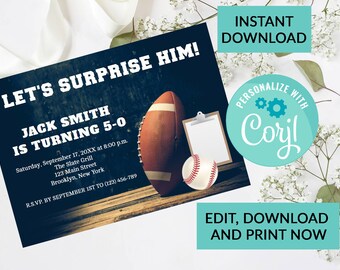 Football Birthday Invitation Party | Surprise Birthday Invite | Woman or Man Party | Digital INSTANT DOWNLOAD | Editable Invite | Sports