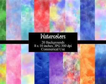 Watercolor Digital Paper Backgrounds, Printable Paper Watercolor Brush Clipart,  Instant Download, Scrapbook Paper Commercial Use
