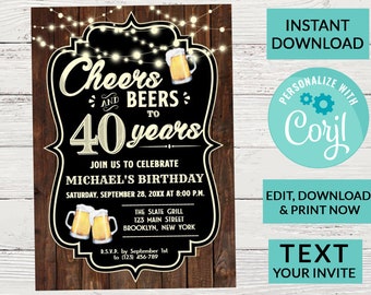 Cheers and Beers Birthday Invitation Party, Surprise Birthday Invite, Woman or Man Party, Digital INSTANT DOWNLOAD, Editable Invite, Any Age