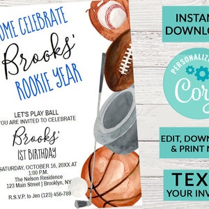 Sports Birthday Invitation, Baseball, Football, Soccer, Golf | Editable Instant Download | INSTANT ACCESS Edit Online NOW Corjl, Text Invite