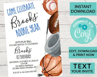 Sports Birthday Invitation, Baseball, Football, Soccer, Golf | Editable Instant Download | INSTANT ACCESS Edit Online NOW Corjl, Text Invite