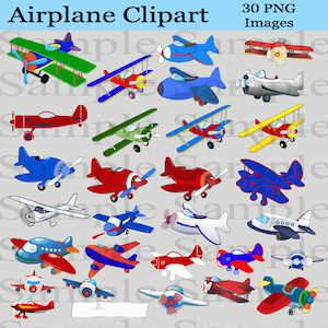 May include: A set of 30 colorful airplane clip art images in PNG format. The airplanes are in various styles, including biplanes, propeller planes, and jet planes. The colors include red, blue, green, yellow, and white.