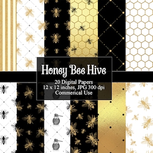 Honey Bee Hive Digital Paper, Zwarte en Gouden bij Honingraat Achtergronden. Wit en goud bij afdrukbare scrapbook papierpatronen commercieel gebruik