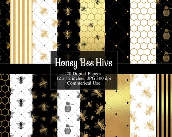 May include: A set of 20 digital papers featuring a honey bee hive theme. The papers have various patterns including honeycombs, stripes, and bees in gold and black on white and black backgrounds. The text "Honey Bee Hive" is displayed in a black rectangle with gold lettering. The text "20 Digital Papers" is displayed in a white rectangle with black lettering. The text "12 x 12 inches, JPG 300 dpi" is displayed in a white rectangle with black lettering. The text "Commerical Use" is displayed in a white rectangle with black lettering.