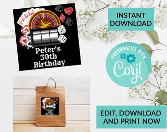 May include: A printable design for a party favor bag featuring a black and white casino themed design with a roulette wheel, playing cards, dice, and slot machine. The text "Peter's 50th Birthday" is included in the design.