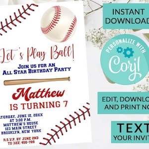 Baseball Birthday Invitation, Editable baseball team party, Boy Sports Birthday Invitation, Printable Instant Access EDIT NOW, Text Invite