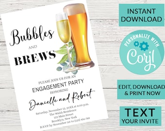 Bubbles and Brews Engagement Party Invitation | Digital INSTANT DOWNLOAD Editable Invite | Custom Personalized | Wedding Shower