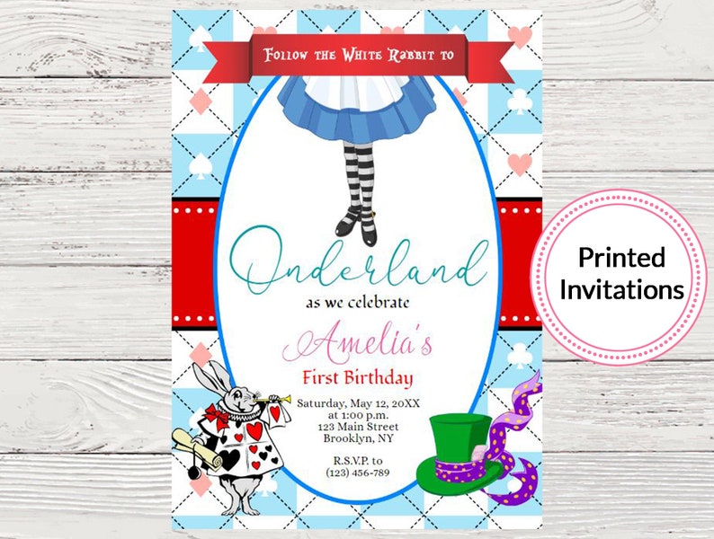 Printed Invitations Girls First Birthday Invitation Any Age Mad Hatter Tea Party #124 Wonderland Birthday Invitation