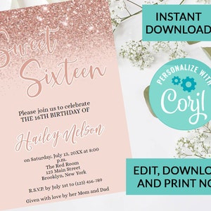 Rose Gold Glitter Confetti Sparkle Sweet 16 Invitation #100 | Digital INSTANT DOWNLOAD Editable Invite | Personalized | Sixteenth Birthday