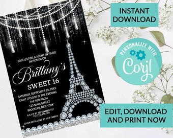 Paris Eiffel Tower Sweet 16 | Digital INSTANT DOWNLOAD Editable Invite | Diamonds Sparkle Glitter | Birthday Party, Text Invite, Quinceanera