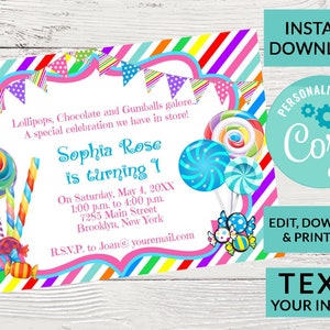 Candy Theme Birthday Invitation | Candyland Birthday | Digital INSTANT DOWNLOAD | Editable Invite Any Age Kids Birthday Party Invite