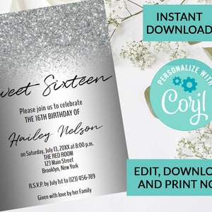 Silver Glitter Confetti Sparkle Sweet 16 Invitation #105 | Digital INSTANT DOWNLOAD Editable Invite | Personalized | Birthday