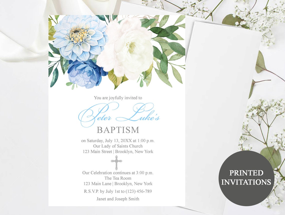 Powder Blue Floral Baptism Invitation 2 Printed Christening Etsy