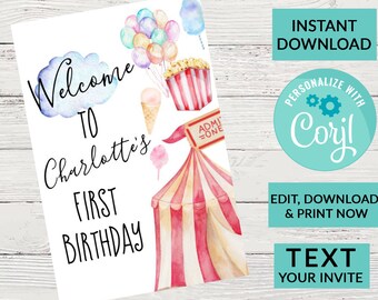 Carnival Ticket Birthday Welcome Sign, Circus Party Psoter | Editable Instant Download | INSTANT ACCESS Edit Online NOW Corjl