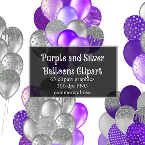 Purple and Silver Balloons Clipart, Glitter Balloon PNG Digital Overlays, Glitter Sparkle Confetti, Instant Download commercial use clip art