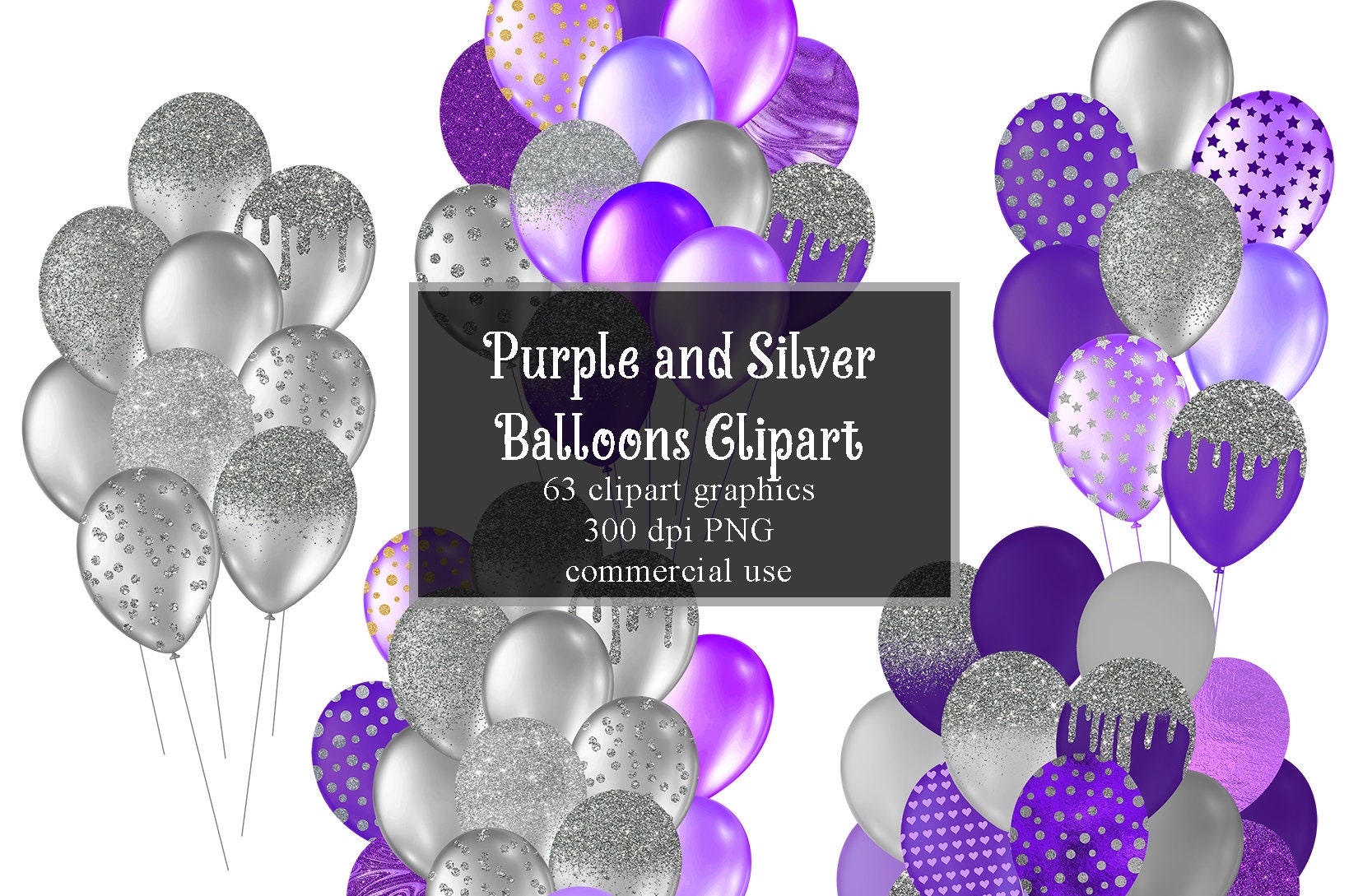 Download Purple and Silver Balloons Clipart Glitter Balloon PNG | Etsy