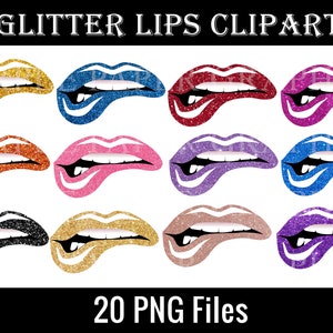 May include: Twenty digital clipart images of glitter lips in various colours, including gold, red, blue, pink, purple, black, and brown. The lips are all in a slightly open, biting pose. The text "20 PNG Files" is at the bottom of the image.