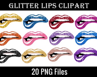 May include: Twenty digital clipart images of glitter lips in various colors, including gold, red, blue, pink, purple, black, and brown. The lips are all in a slightly open, biting pose.  The text "20 PNG Files" is at the bottom of the image.