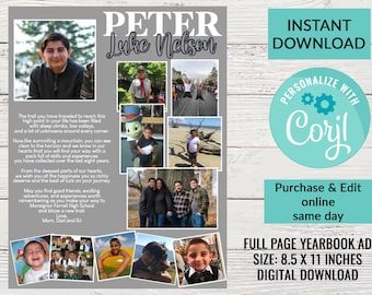 Yearbook Ad Photo Collage, Printable, Edit online same day, Girl or Guy Graduation Digital INSTANT DOWNLOAD, Custom Yearbook Page #1