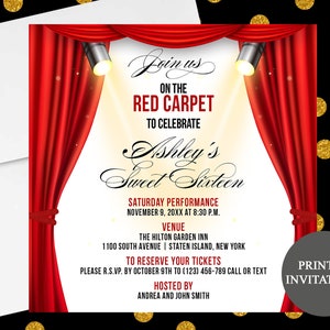 Red Carpet Themes Sweet 16 Invitation #29 | Printed Sweet 16 Invitations | 1.50 EACH | Sweet Sixteen Birthday Party I Hollywood Red Carpet