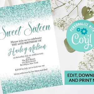 Aqua Confetti Sparkle Sweet 16 Invitation, Digital INSTANT DOWNLOAD Editable, Custom Personalized, Sweet Sixteen Birthday, Text Invite