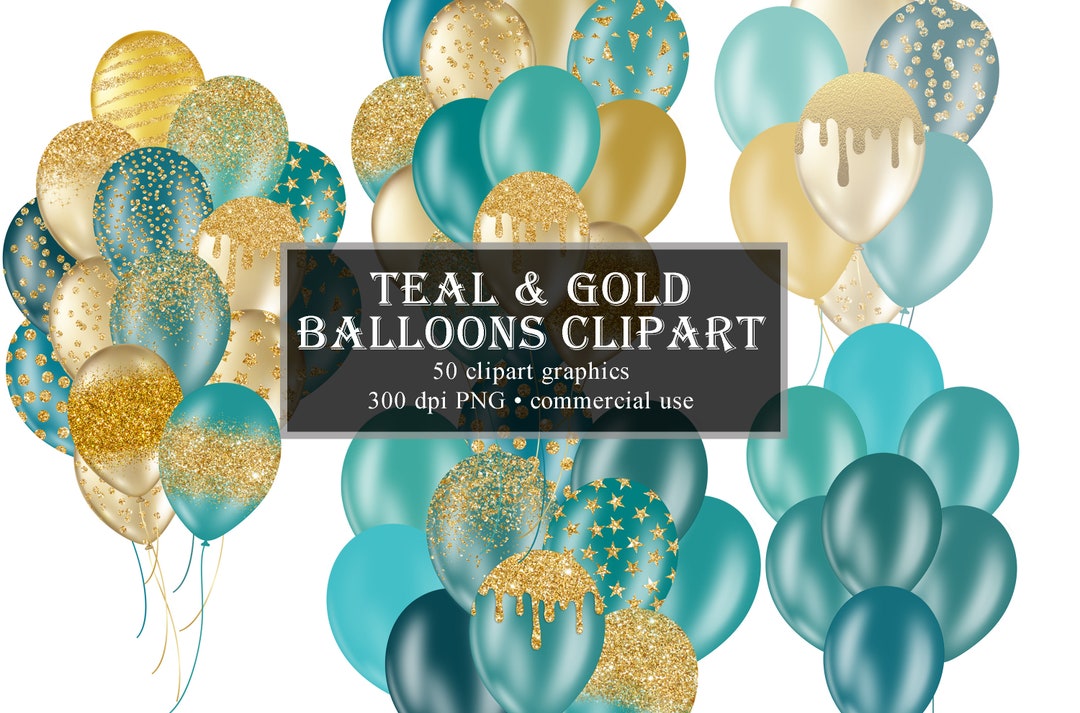 Teal and Gold Balloons Clipart, Glitter Balloon PNG Digital Overlays
