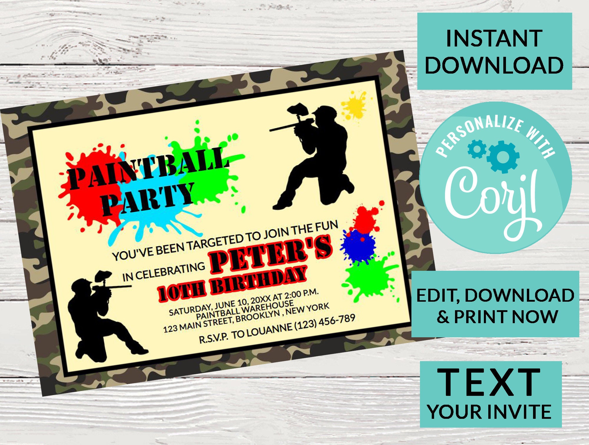 Paintball Party Birthday Invitation Digital INSTANT DOWNLOAD Etsy