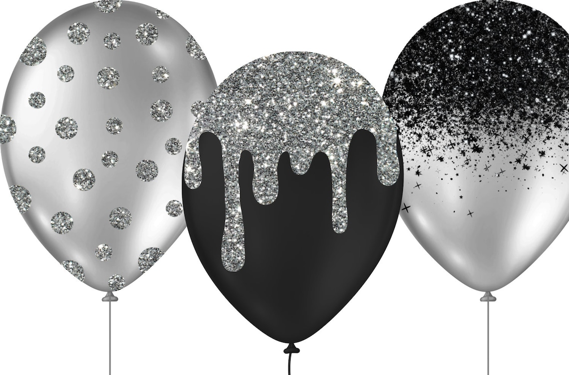 Black and Silver Balloons Clipart Glitter Balloon PNG Digital Etsy