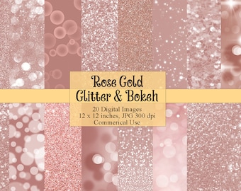 Rose Gold Glitter and Bokeh Lights Digital Papers, Shimmer, Printable Backgrounds Digital Glam, Gradients, Wedding, Parties